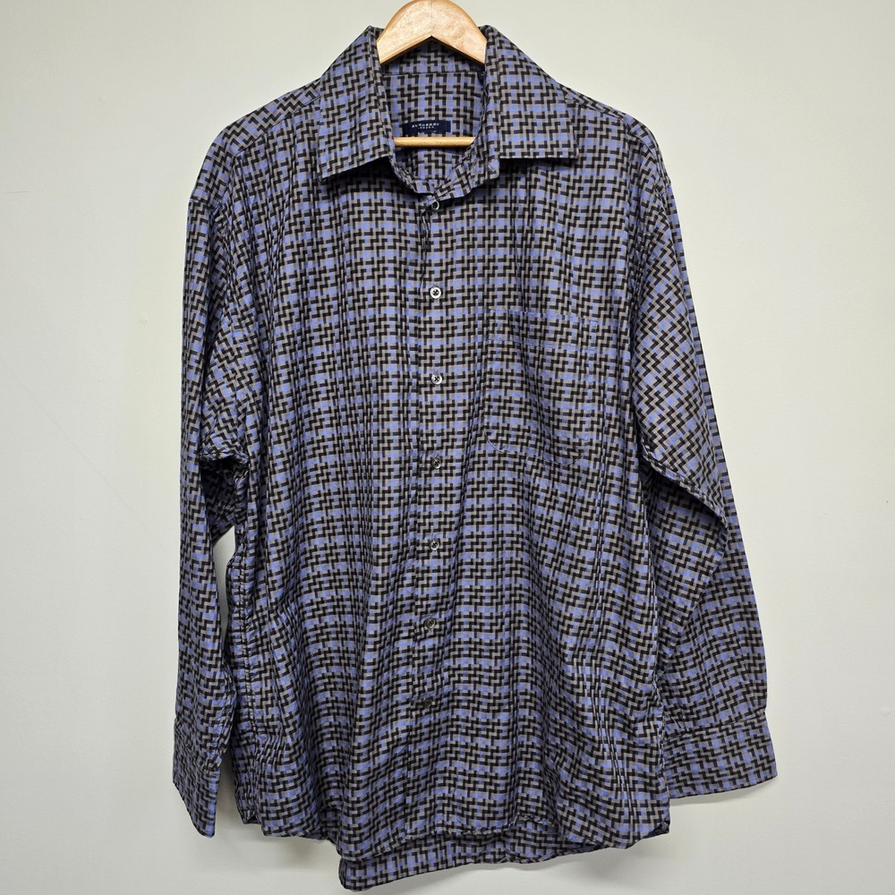 Burberry London Button Up Shirt Mens XL Blue Grey Geometric Woven Cotton L/S